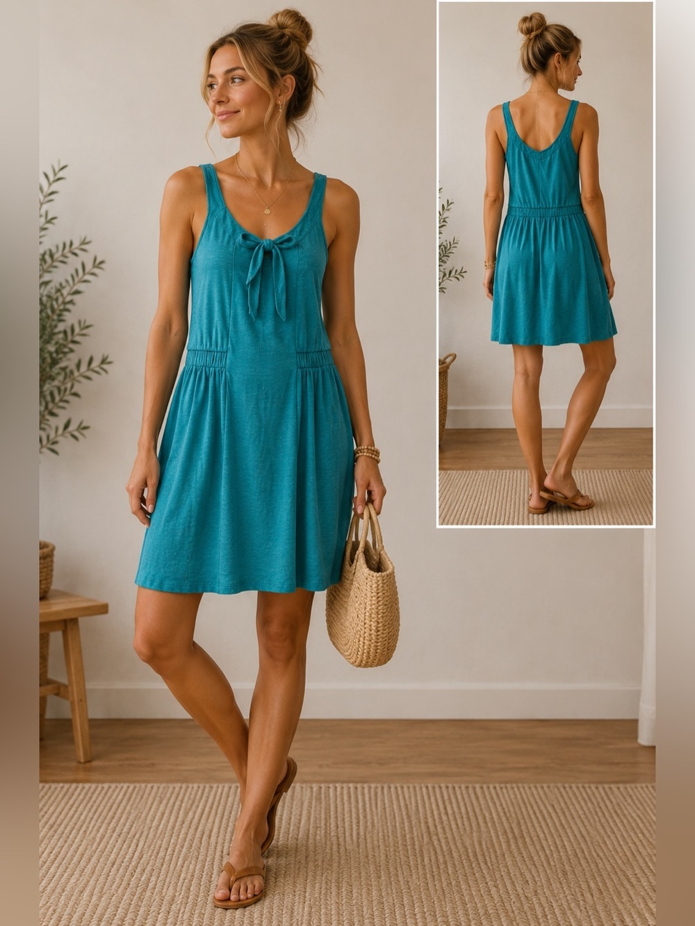 Athleta Teal Sleeveless Tie Neck Dress XS Casual Summer Modal Blend